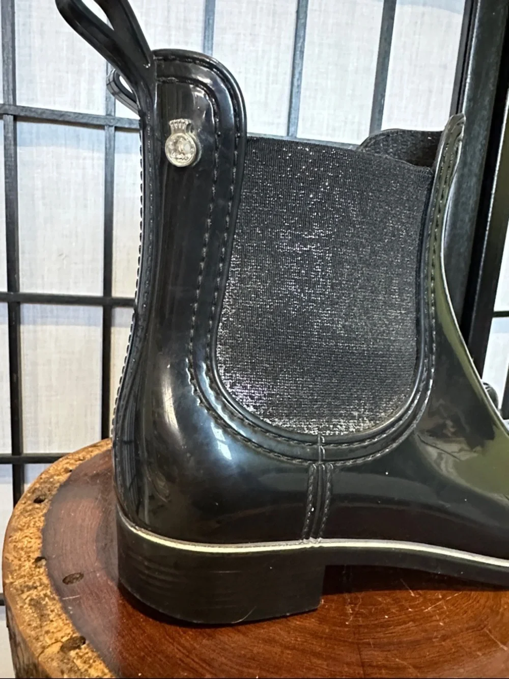 Lemon Jelly Designer Black Pull On Rain Boots with Metallic Elastic Panels 8.5